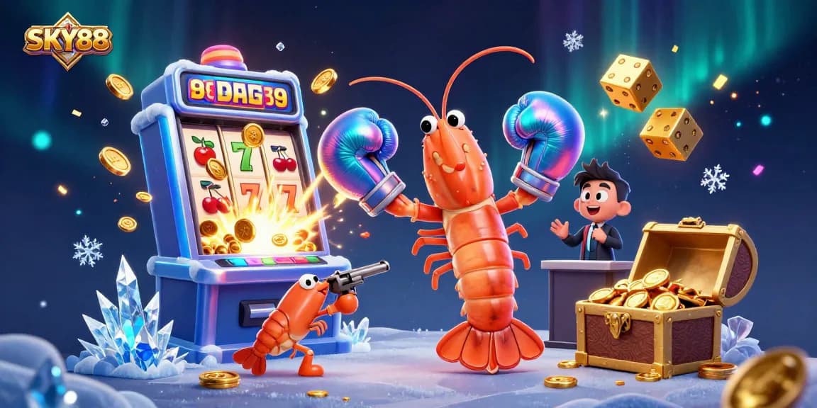 Win big with SKY88 in an action-packed 3D casino scene full of vibrant game elements and characters.