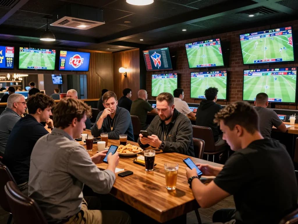Engaged sports bettors analyzing ty le keo nha cai at a lively sports betting bar.