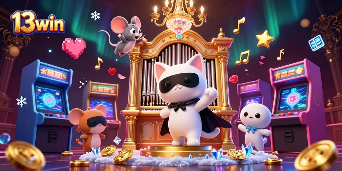 Engage with the charm of 13win's casino scene featuring a whimsical cat at a pipe organ.