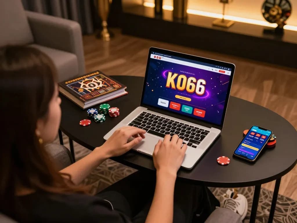 Tham gia ứng dụng casino KO66 trên máy tính xách tay, thể hiện cờ bạc trực tuyến có trách nhiệm.