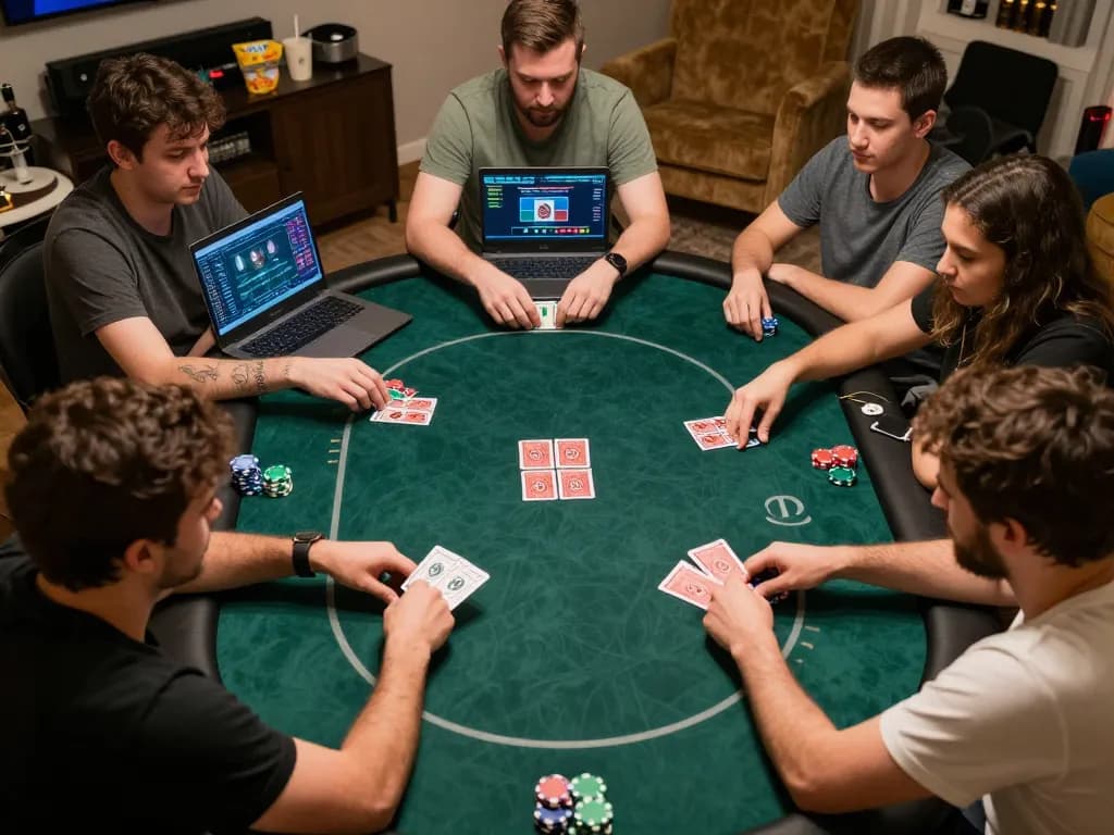 Engaged players enjoying strategy during an online poker game at Nhà cái BJ88, home gaming setting.
