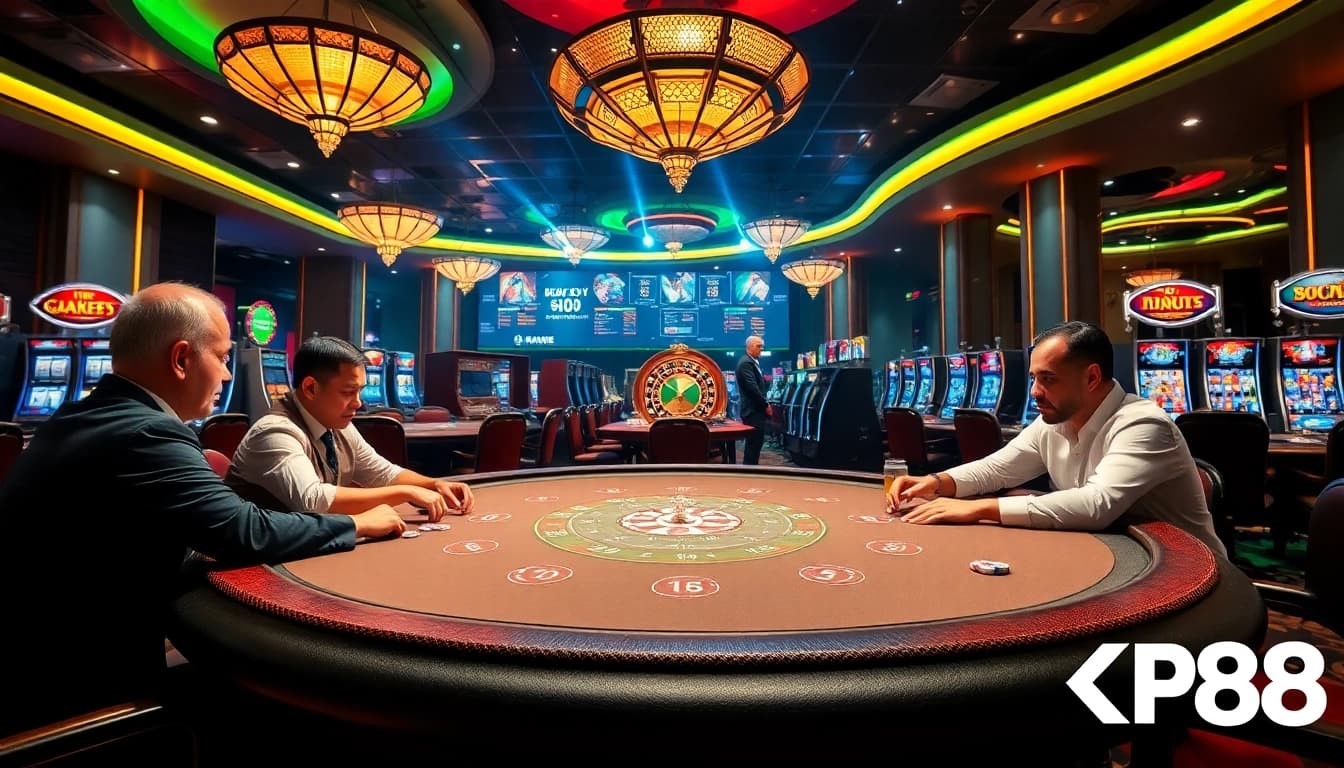 Experienced players engage at KP88's poker table, showcasing high-stakes action and vibrant casino excitement.