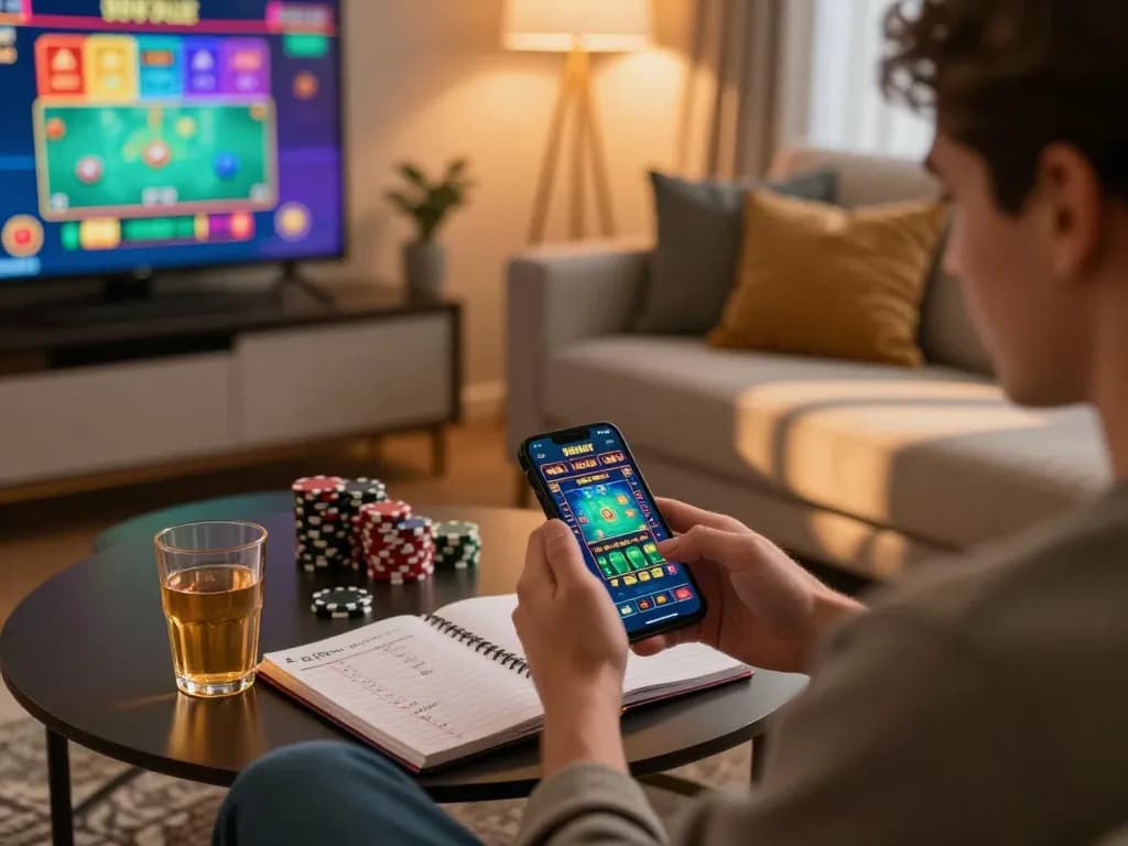 Player enjoying a live casino game on smartphone at home, showcasing 999bet online gaming experience.