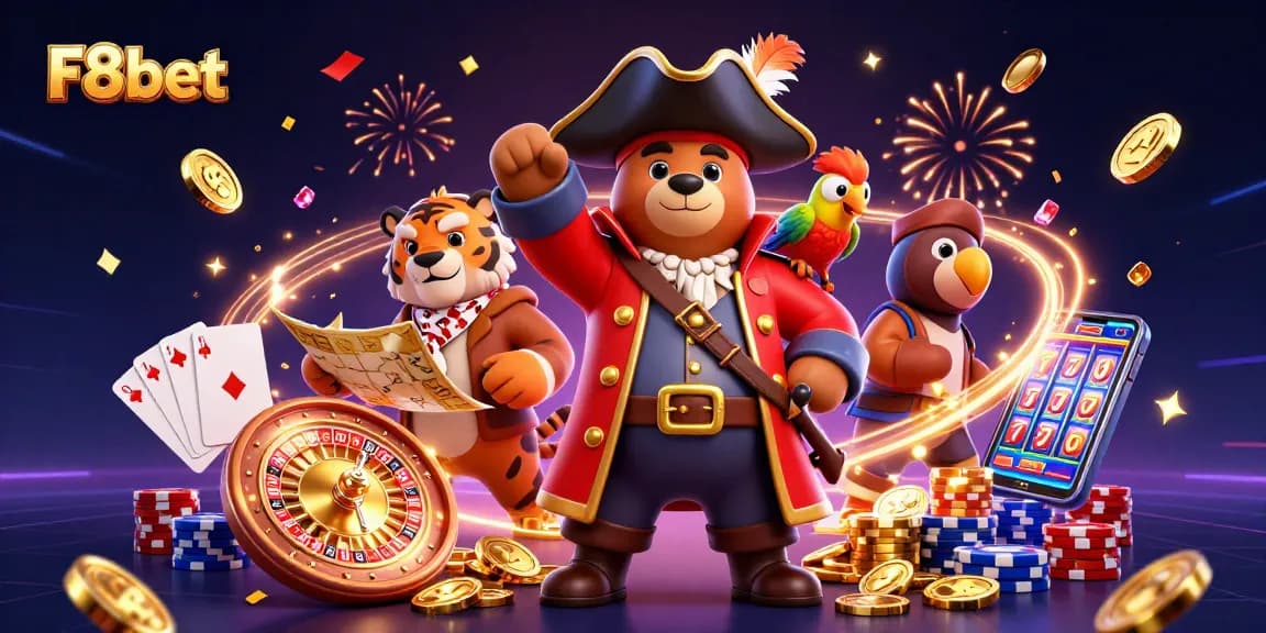 Experience the thrill of F8bet with this vibrant casino illustration featuring pirate captain bear, tiger, and rich gaming elements.