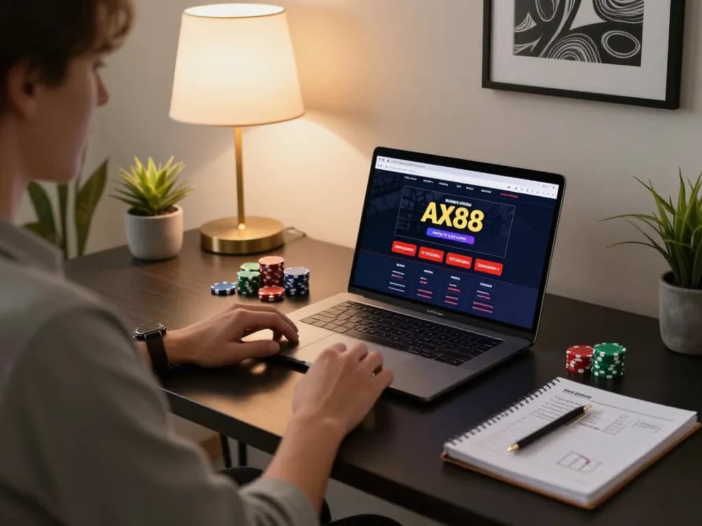 Player enjoying AX88 online casino gaming on a laptop at home.