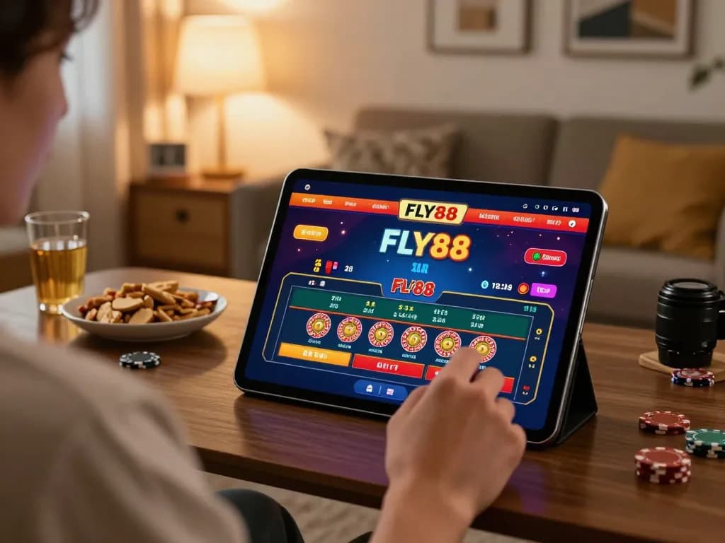 FLY88 online casino gameplay with a player betting on roulette in a cozy home setting