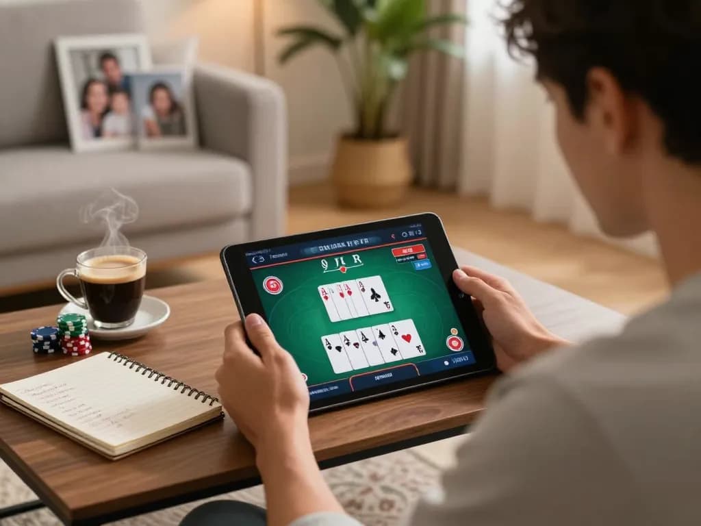 Engaging online gambling with XX88 app on tablet in a cozy home setting, showcasing strategic poker gameplay.