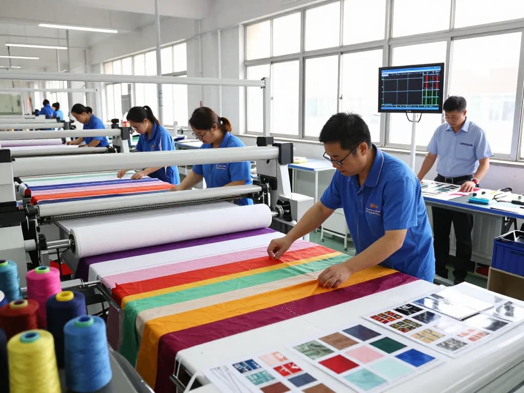 Sunwin textile production scene showcasing skilled workers and vibrant fabrics.