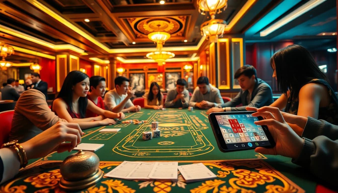 Engaging players enjoying a thrilling game of Xóc đĩa online in a luxurious casino setting, highlighting excitement and high stakes.