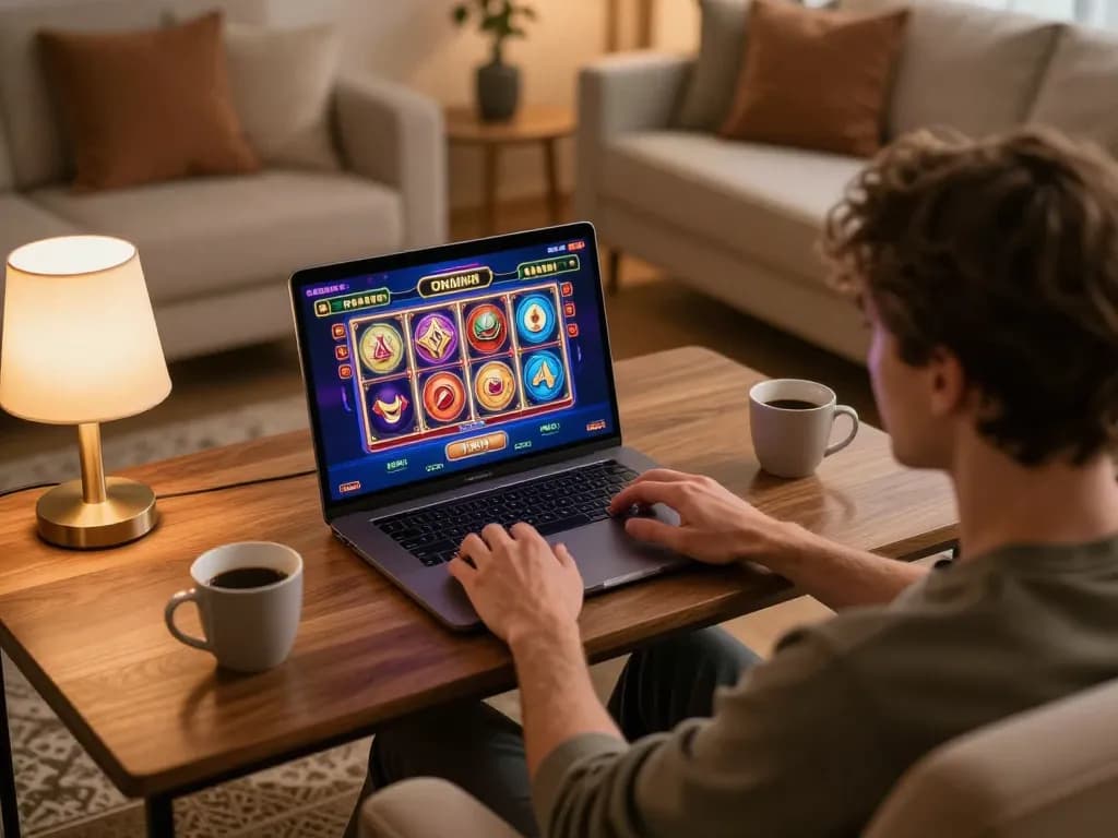 Engaging with tr88 net online slots at home, showcasing a cozy gaming atmosphere