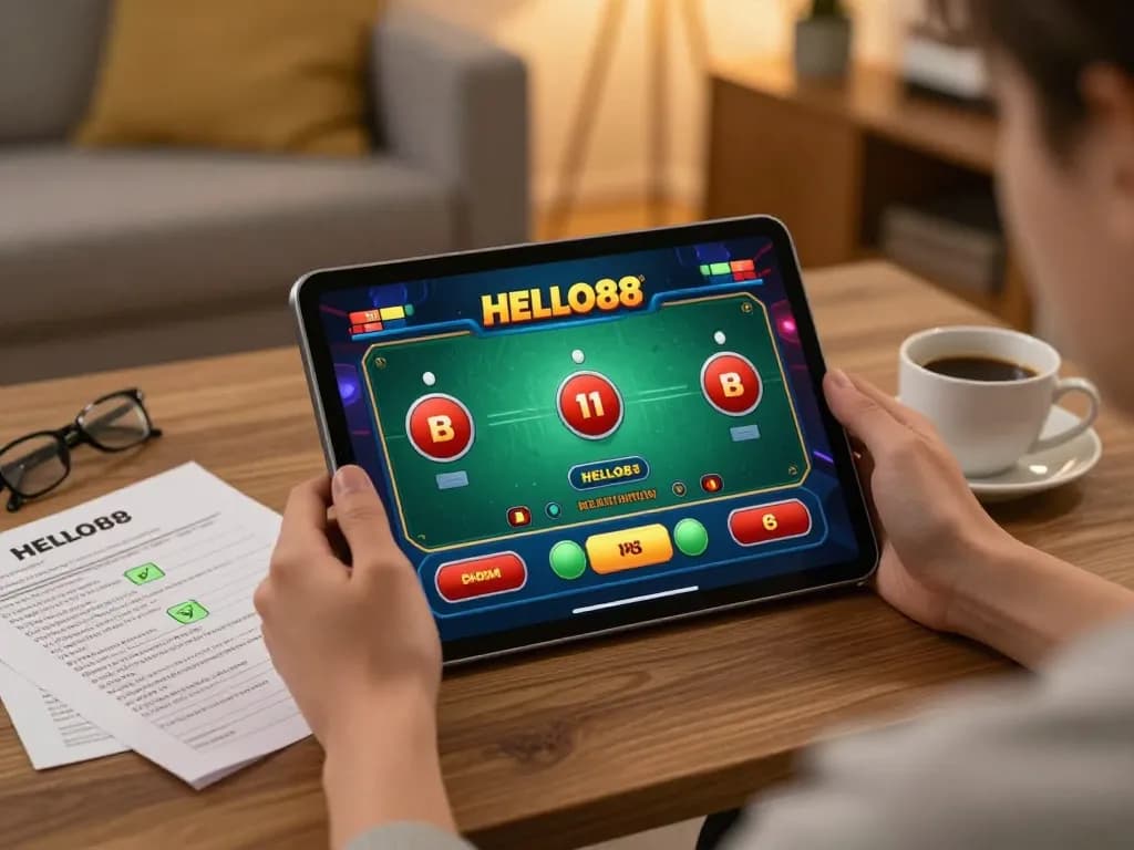 Person enjoying HELLO88 online casino gameplay on a tablet in a cozy home setting.