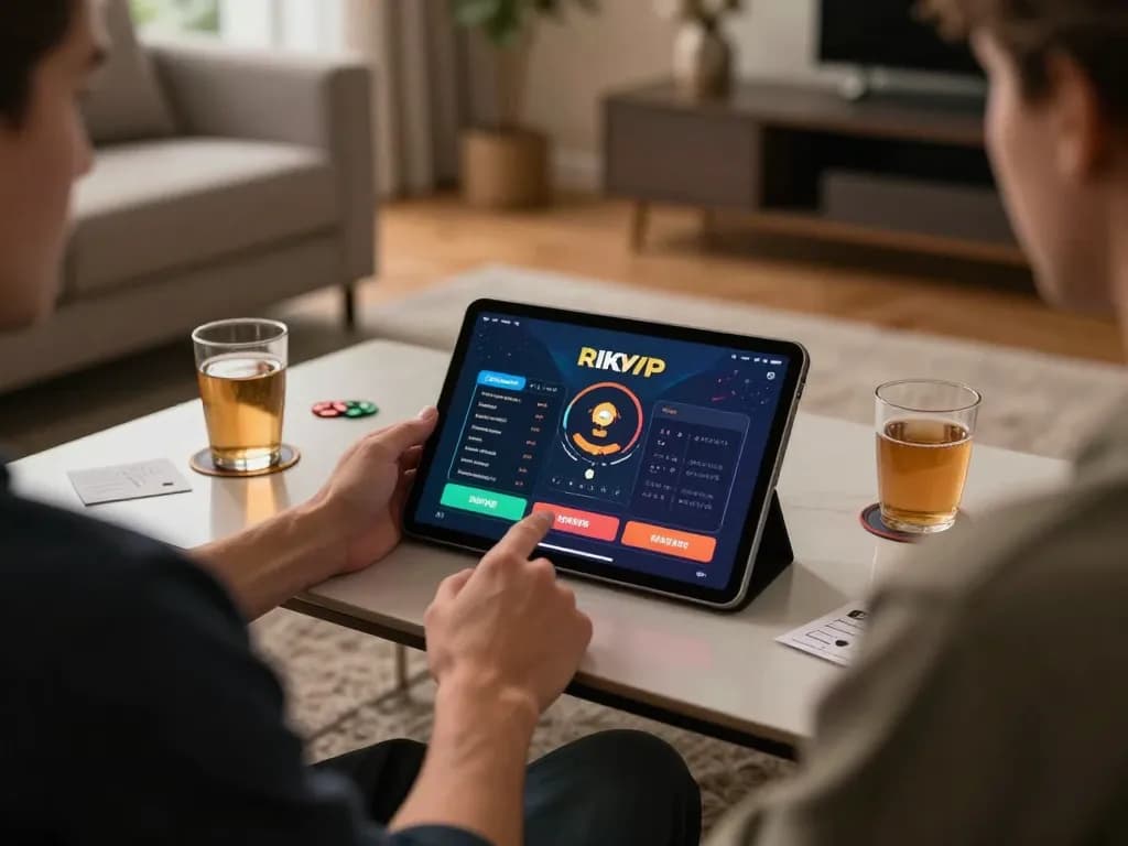 Engaging player using RIKVIP app on tablet for online gaming in a cozy setting.