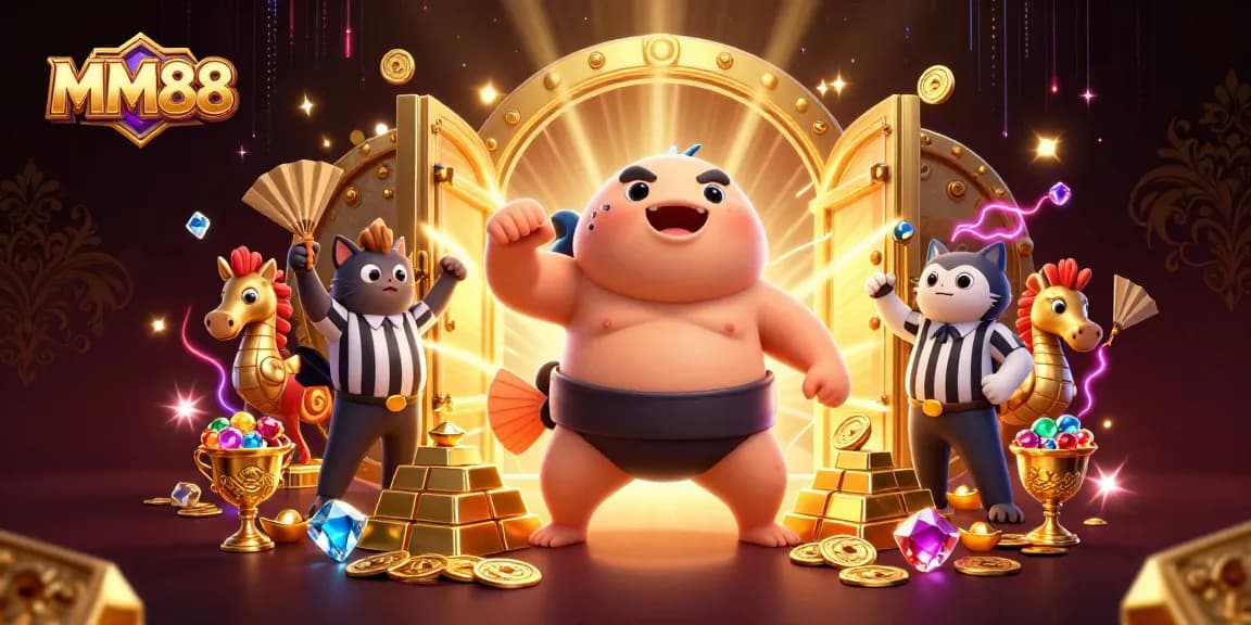 MM88's fugu character celebrating big wins with vibrant jackpot treasures in a lively underwater casino.