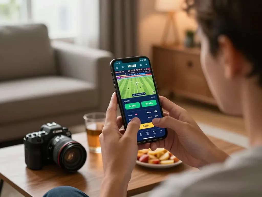Placing bets on the MU88 mobile app while enjoying sports at home.