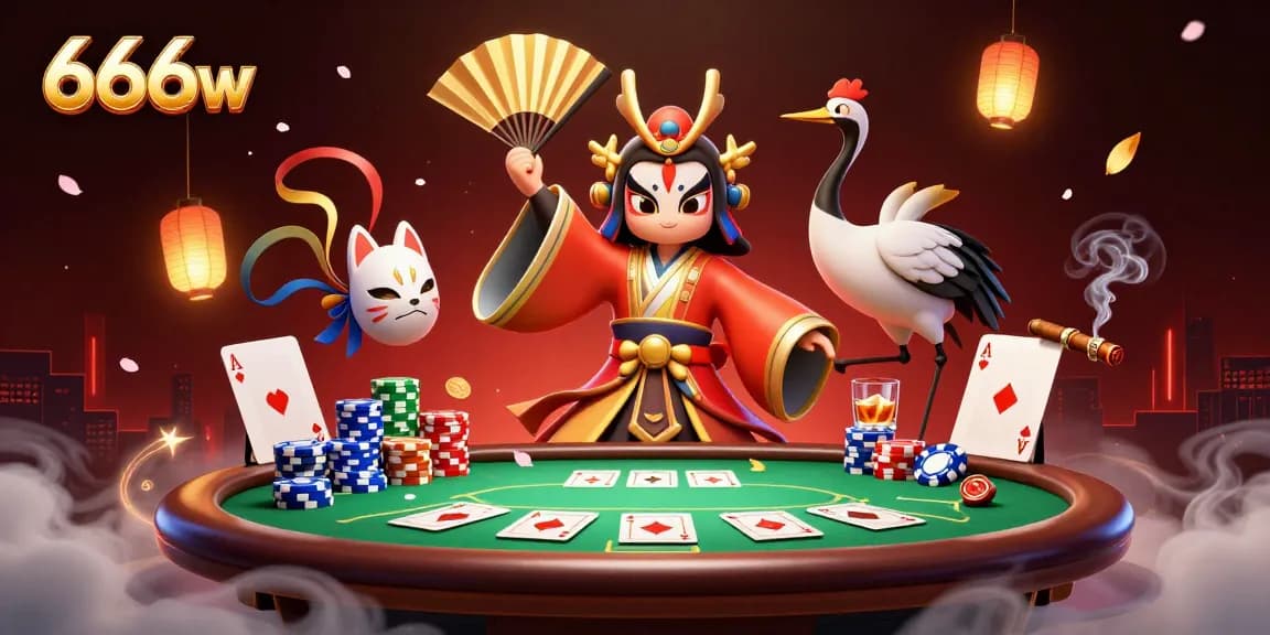 Experience thrilling poker action with 666w featuring a kabuki warrior, poker elements, and vibrant visuals.