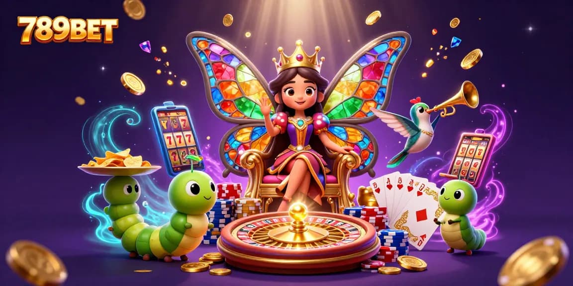 Experience the vibrant gaming world of 789BET with an enchanting illustration of a butterfly queen amidst casino elements.