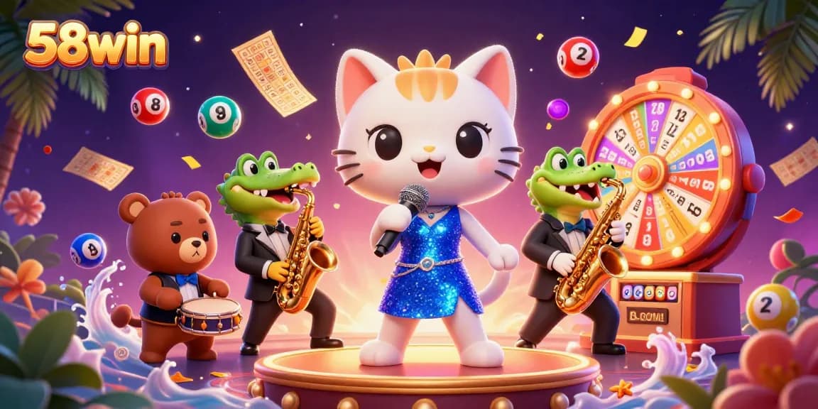 Experience the excitement of 58win with vibrant casino fun in a lively 3D illustration.