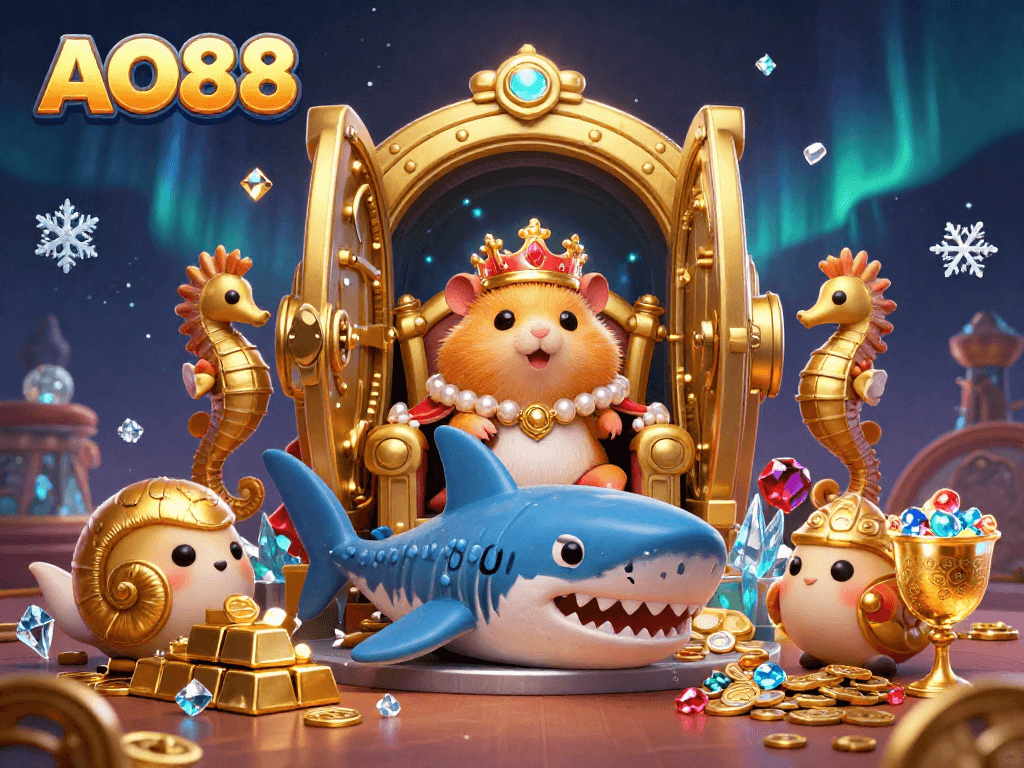 Experience thrilling wins with AO88 in a vibrant casino art scene featuring a golden hamster king.