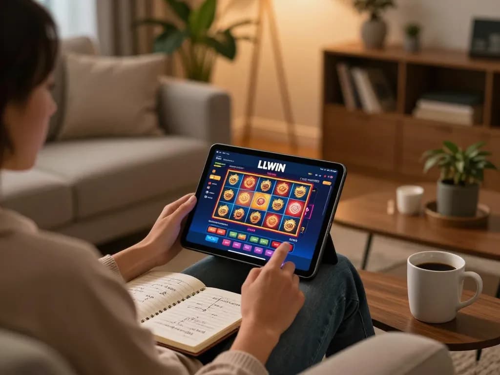 Engaging in LLWIN online casino on a tablet in a cozy home, mixing strategy and fun