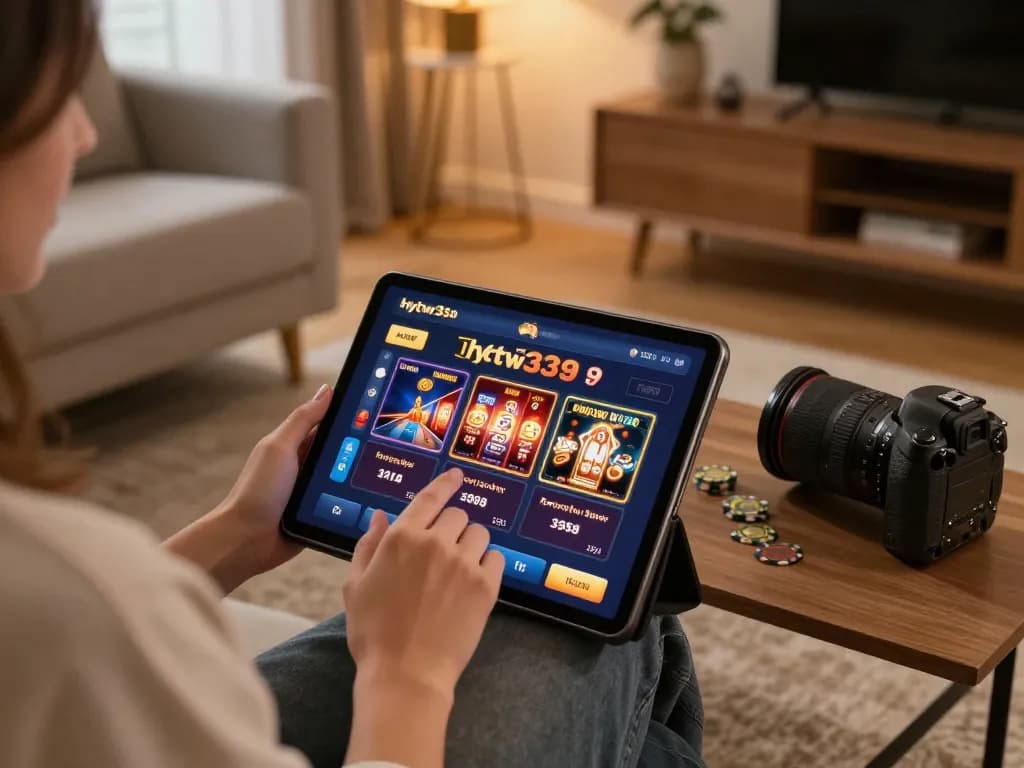 Engaging with the hytw3339net online casino interface on a tablet in a cozy home setting.