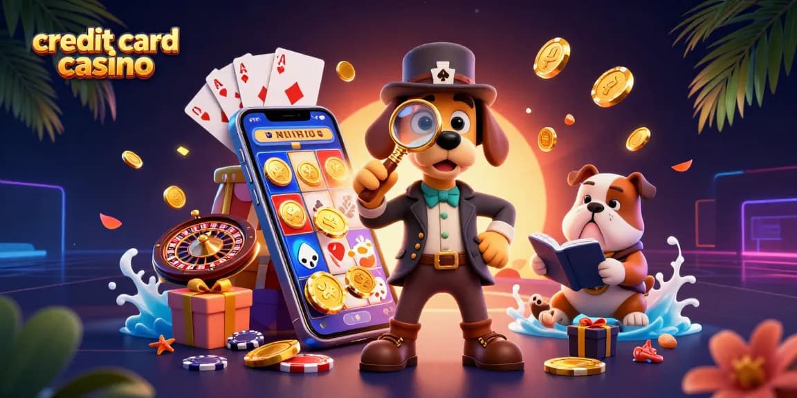 Engage with a vibrant credit card casino scene featuring a detective exploring clues in an exciting gambling setting.