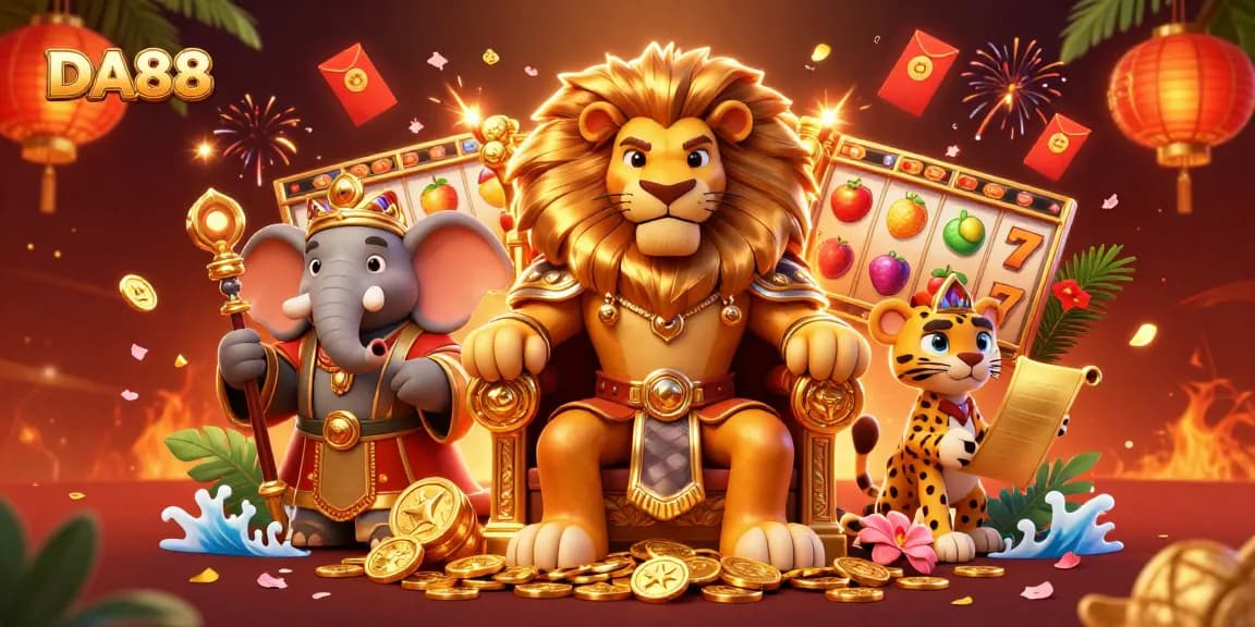 Experience the excitement of DA88 with a golden throne scene featuring royal characters and slot reels.