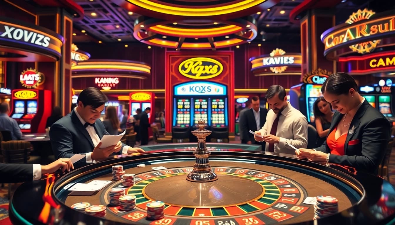 Gamblers engaging in high-stakes play at a luxurious casino table, focusing on Kqxs lottery results.