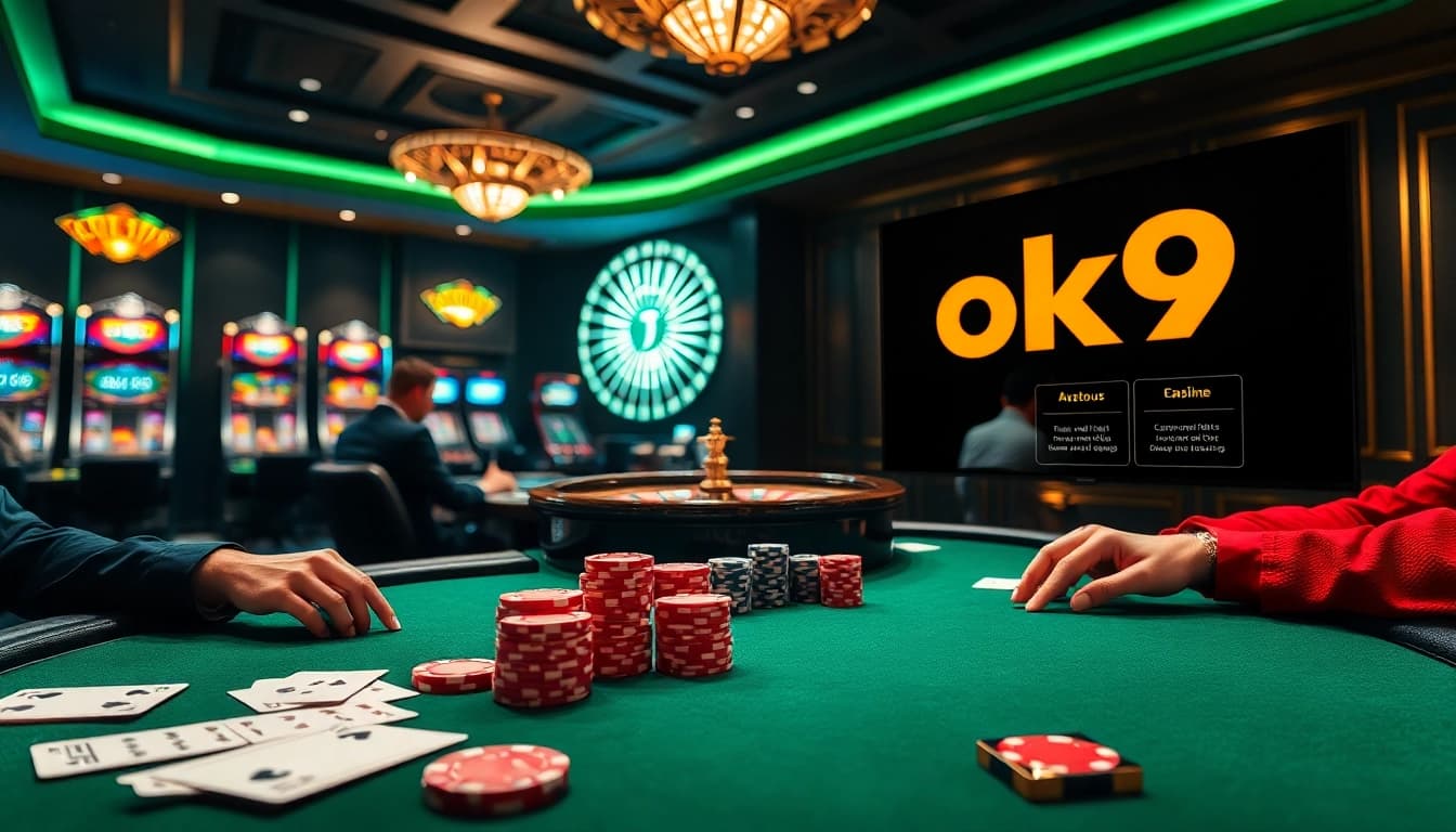 Engage with the thrilling atmosphere of ok9 as players compete at a luxurious casino poker table.