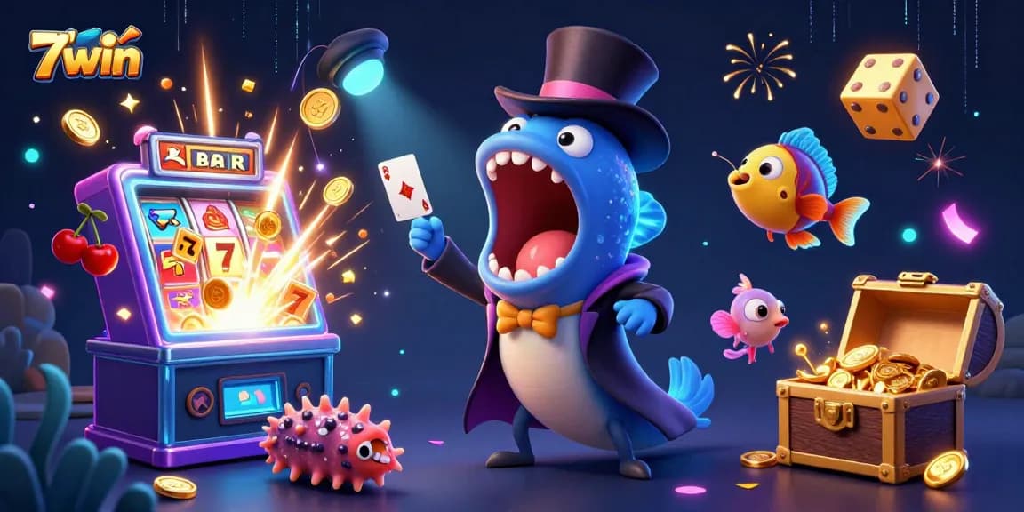 77win's bioluminescent characters entertain in a vibrant 3D casino scene filled with excitement