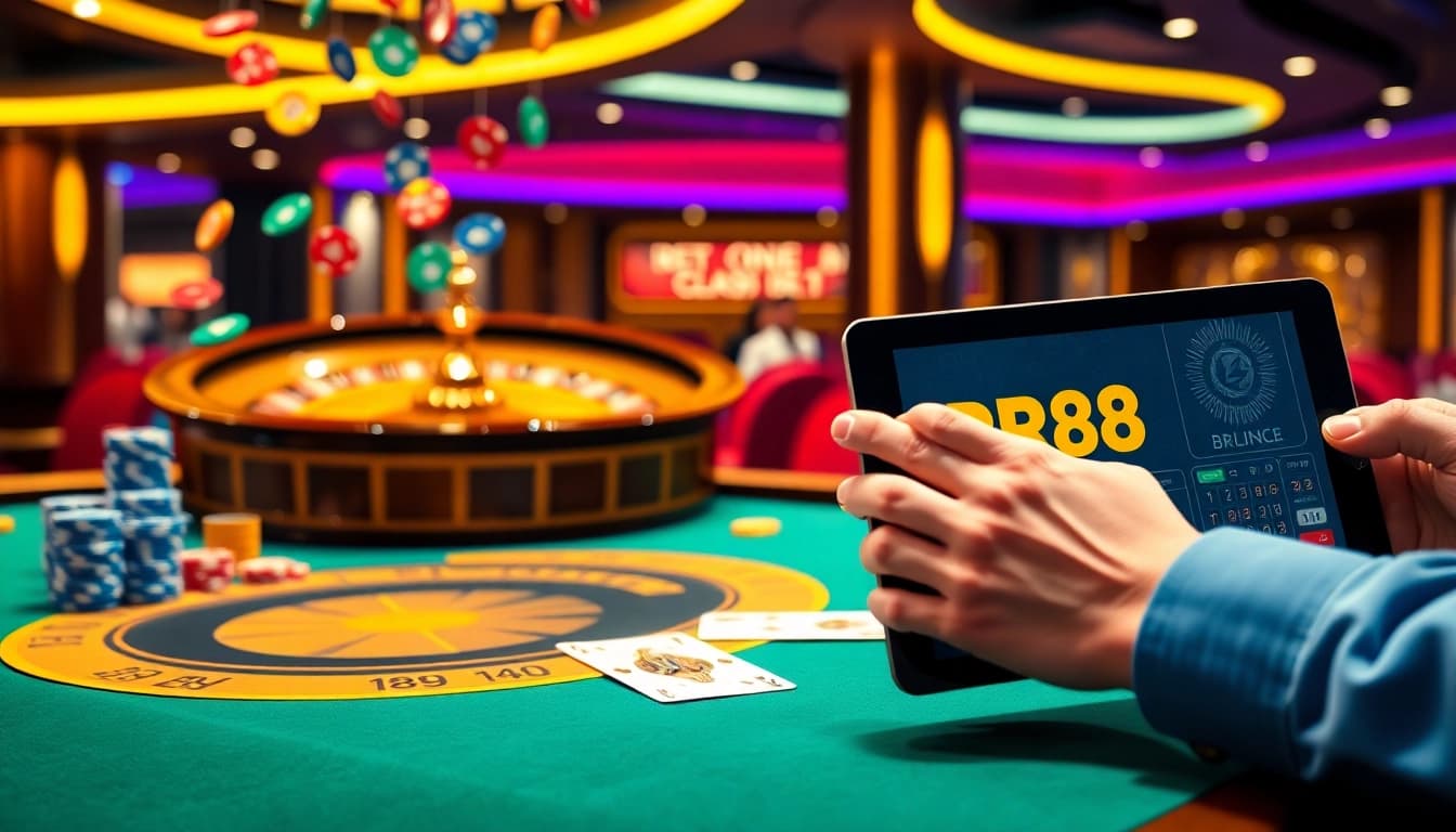Winning at RR88 online casino with vibrant tables and colorful poker chips