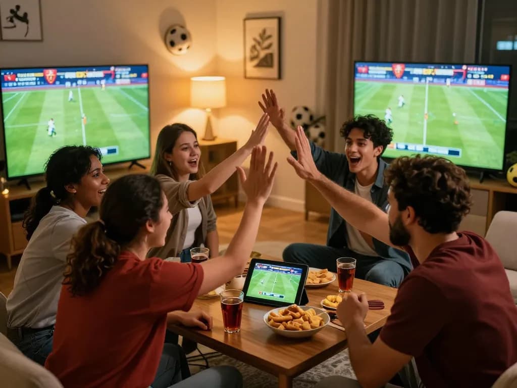 Engaged viewers reacting to kết quả bóng đá on a tablet during a home football gathering
