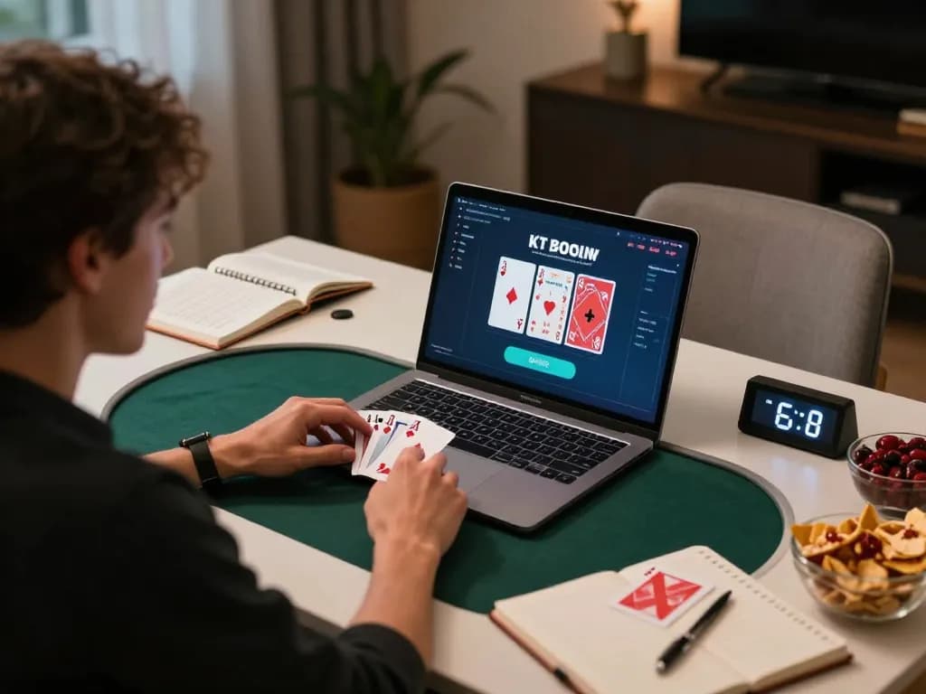 Experience Bom88 online poker with focused gameplay and strategic notes at a cozy home setup.