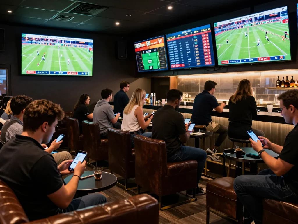 Kết quả bóng đá displayed on a large screen in an energetic sports betting lounge, capturing excitement and interaction among bettors