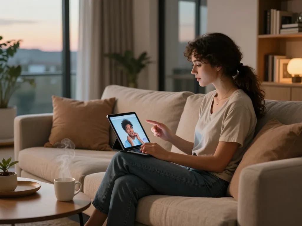 Engaging in ai sex chat with a cozy atmosphere in a modern living room.