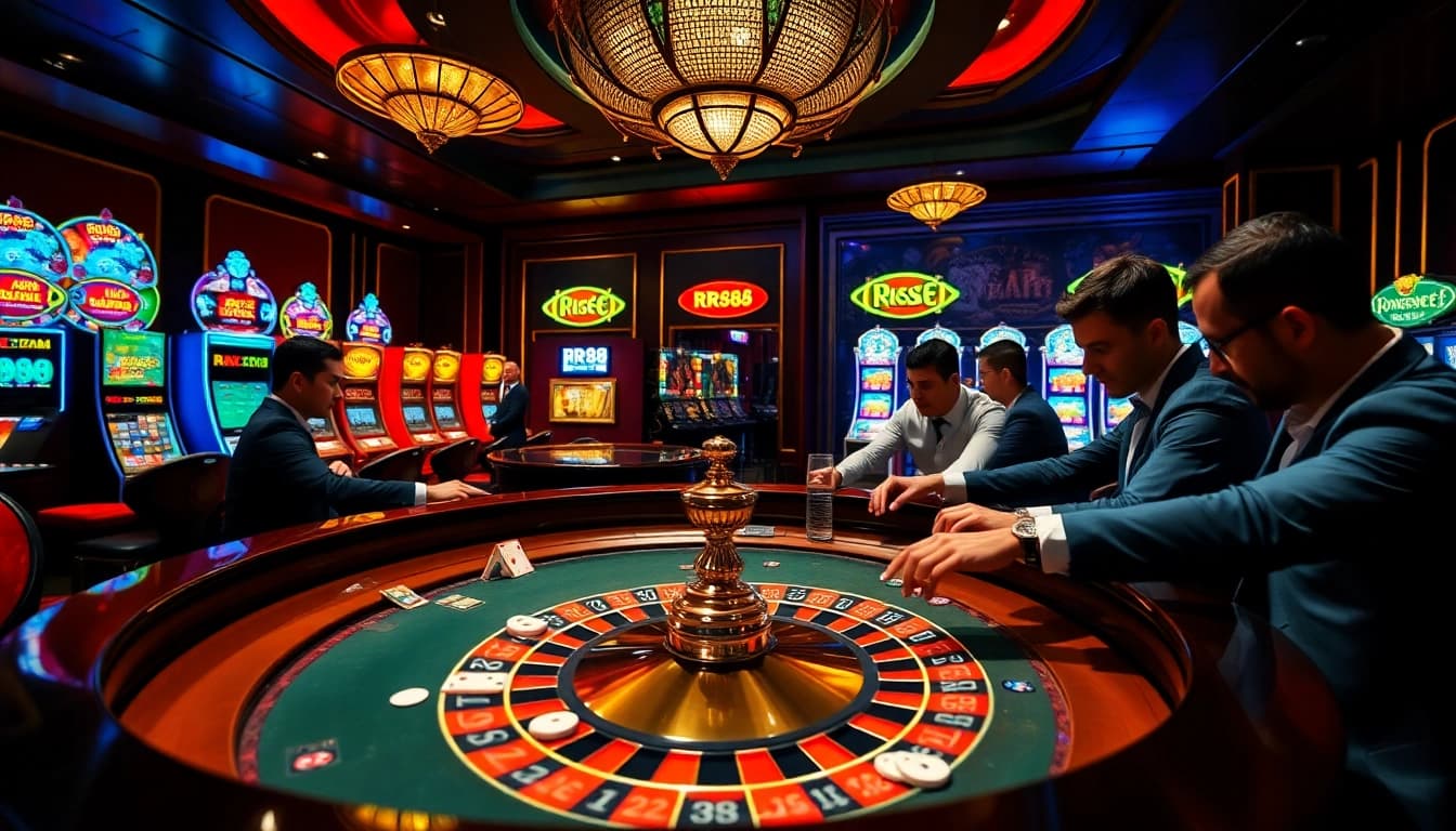 RR88 players placing bets at a glamorous roulette table, showcasing high-stakes excitement.