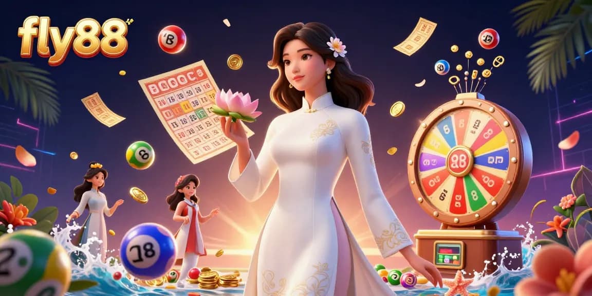 Experience the vibrant world of fly88 with exciting lottery elements, showcasing a lottery theme surrounded by dynamic graphics.