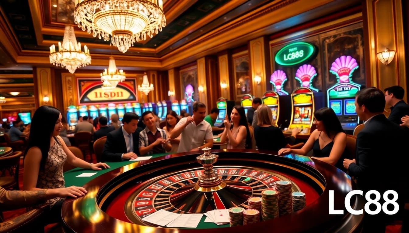 Experience the excitement of gambling at LC88's high-end casino with vibrant tables and players.