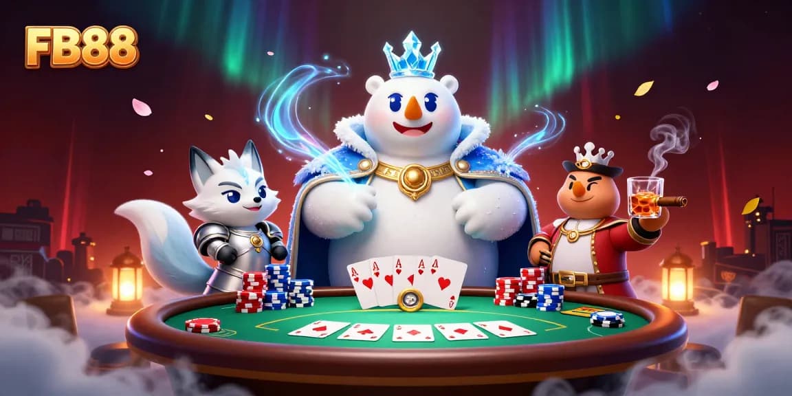 Join the action at FB88 with this vibrant 3D poker scene featuring royal characters and dynamic game elements.