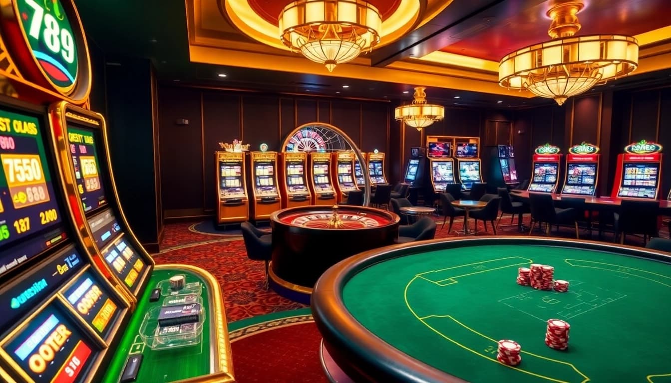 Experience the thrilling atmosphere of 789club casino with vibrant slot machines and poker tables.