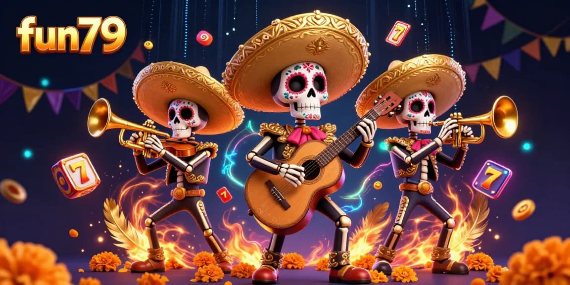 Engage with fun79's vibrant casino scene featuring lively mariachi skeletons celebrating winnings.