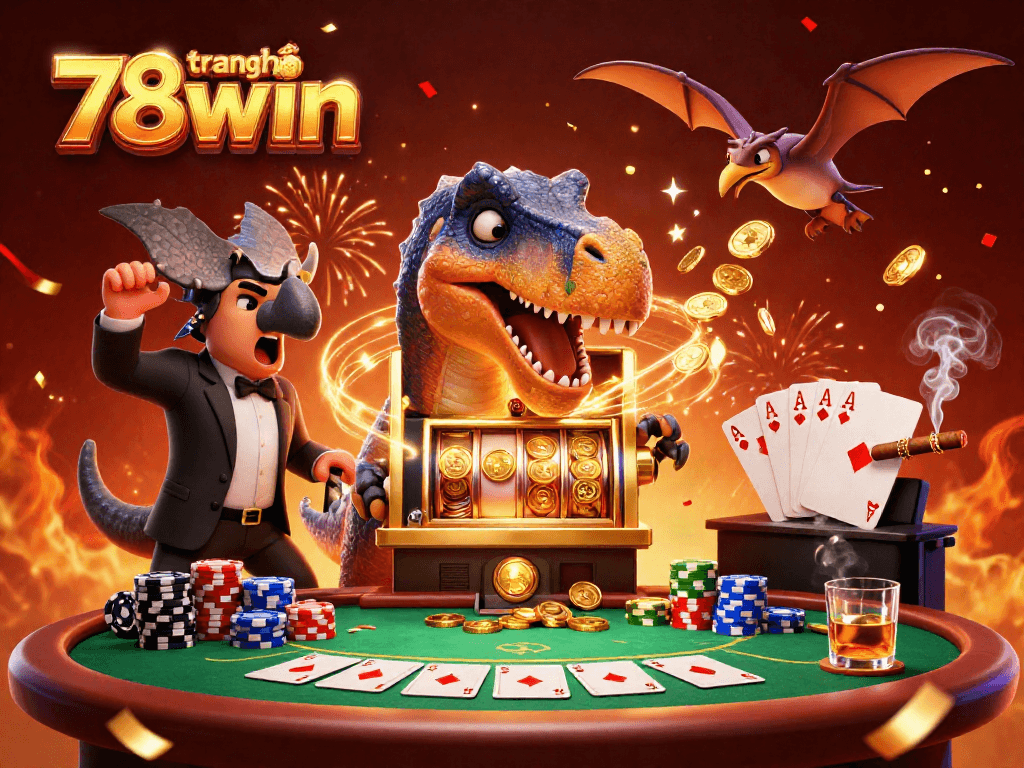Experience the excitement of trang chủ 78win with a dinosaur-themed jackpot moment amidst vibrant casino elements.