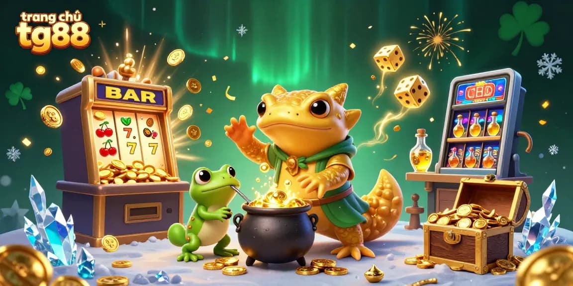 Experience the thrill of winning at trang chủ tg88 with golden elixirs and jackpot coins in this vivid casino illustration.