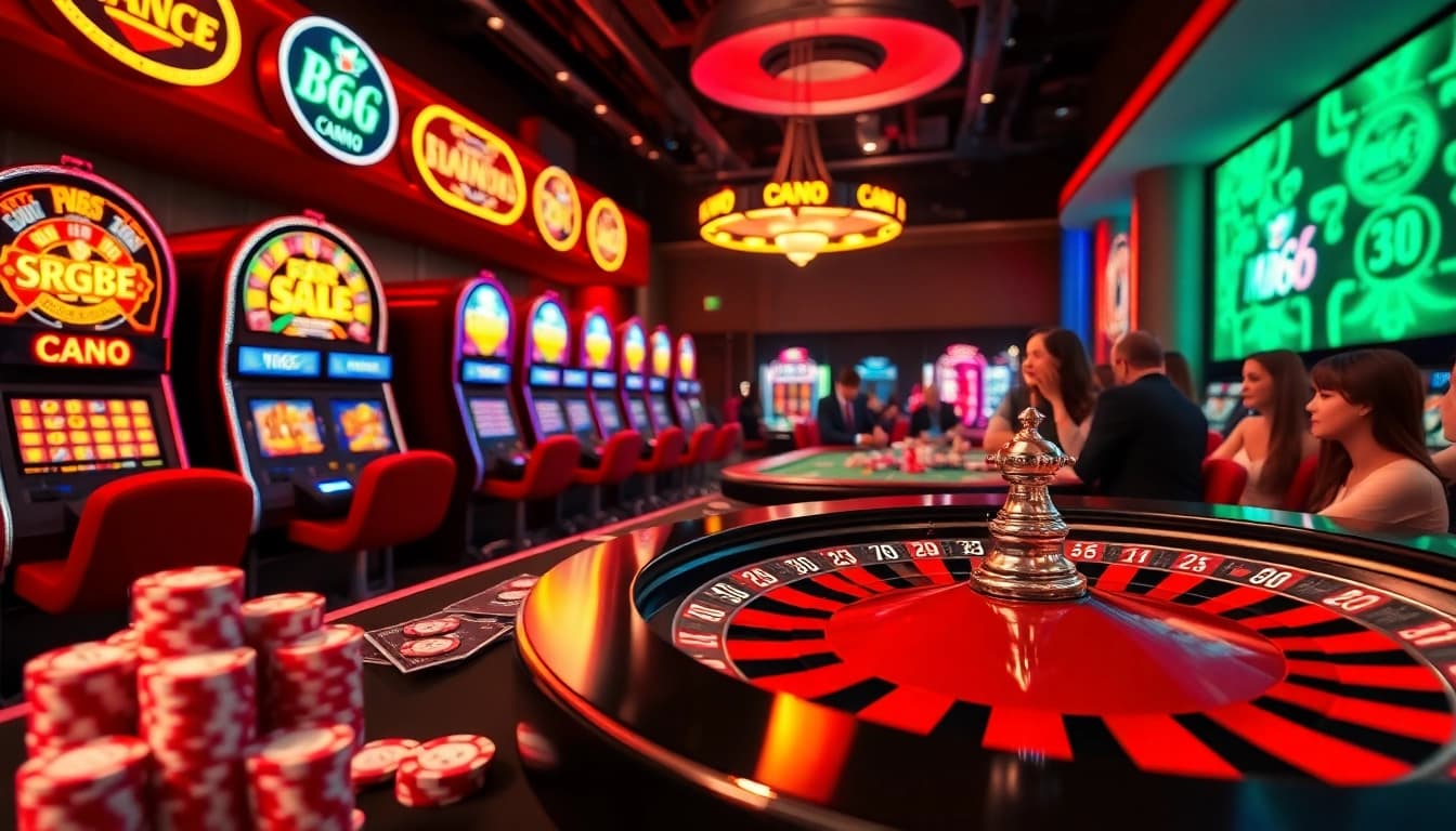Players enjoying the thrilling atmosphere at MB66 Casino with vibrant slot machines and a roulette wheel.