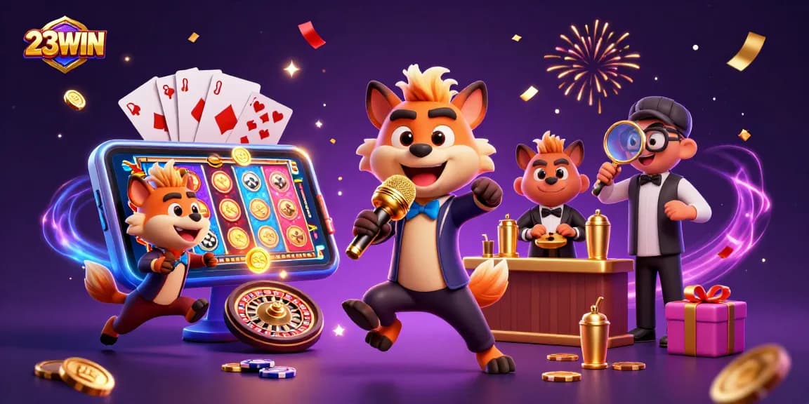 Watch hyenas perform hilarious antics at 23WIN's comedy casino, showcasing slot games and vibrant celebrations.