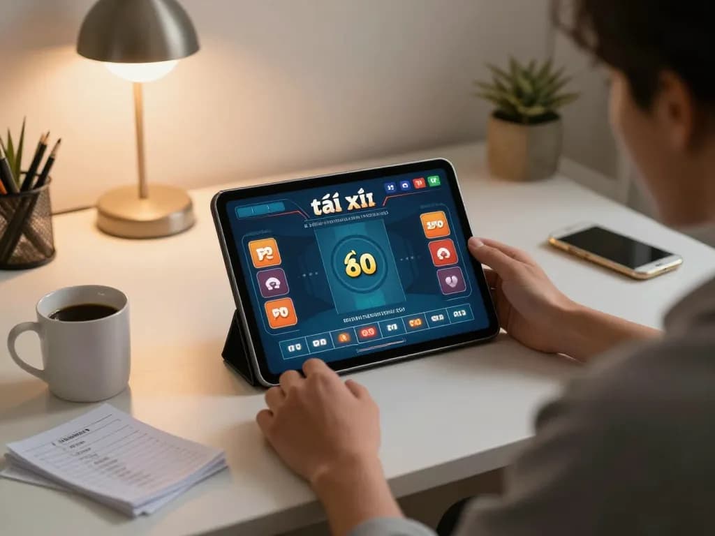 Taking strategic bets in an online tài xỉu online game on a tablet in a cozy home setting.