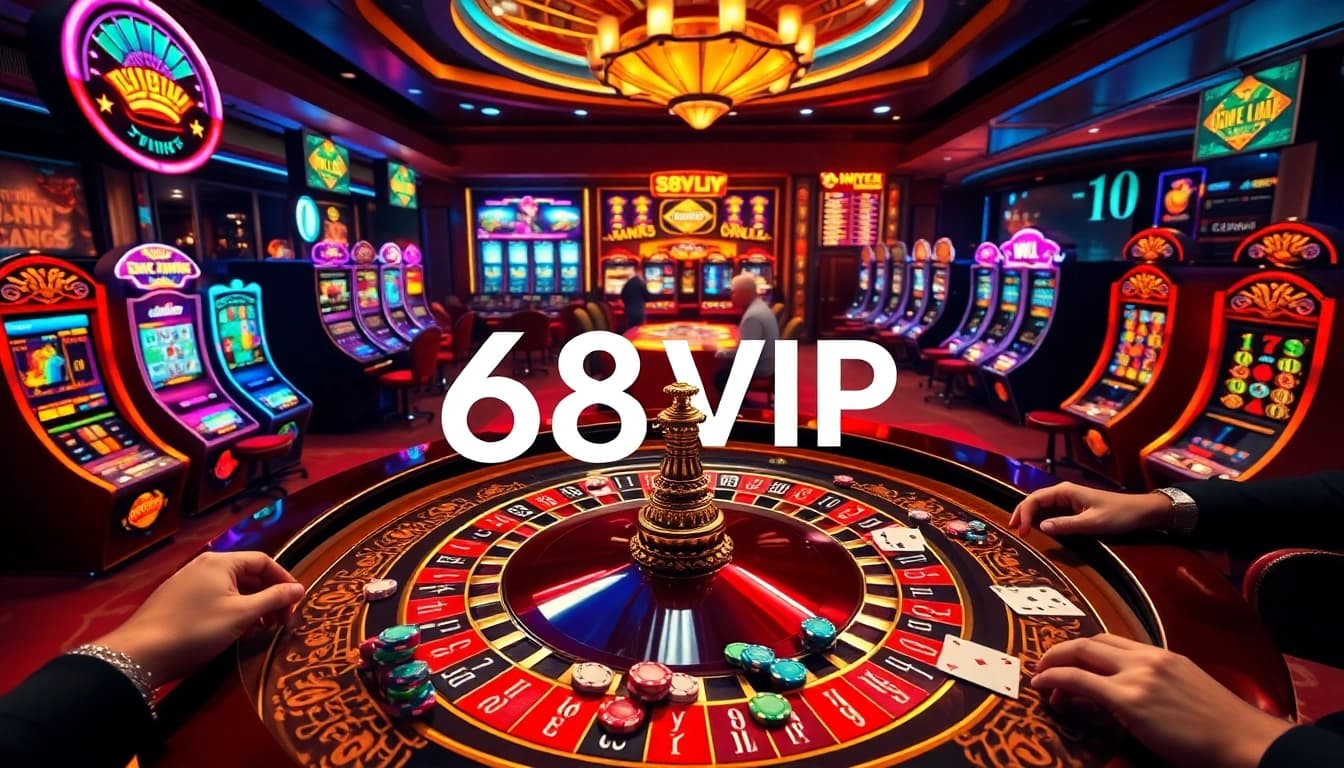 Experience the thrill of gaming at 68VIP with a luxurious casino scene filled with roulette and slot machines.
