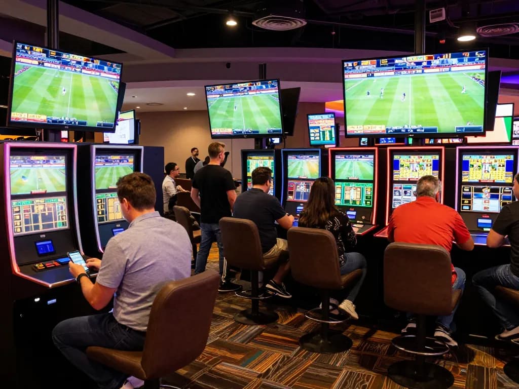 Engaging in sports betting at tip88 with live action screens and enthusiastic bettors.