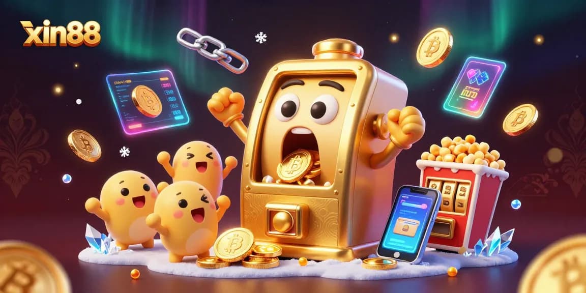 Experience the thrill of winning at xin88 with a golden slot machine celebrating a jackpot amidst cryptocurrency elements.
