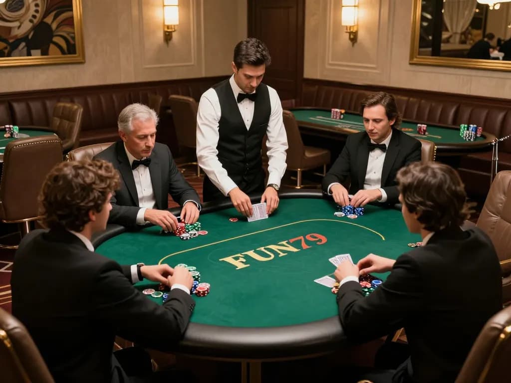 FUN79 VIP players strategizing during an upscale poker game at an exclusive casino setting.