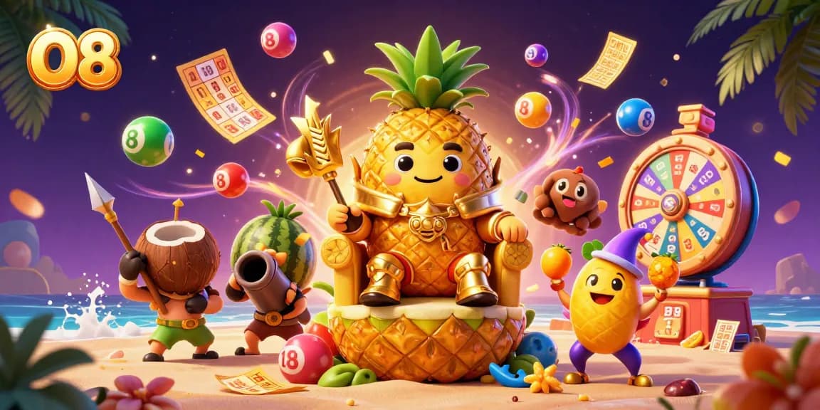 O8's vibrant casino scene features a golden pineapple king surrounded by lottery and prize elements.